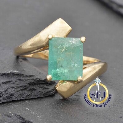 Emerald Solitaire Bypass Ring, Solid Yellow Gold