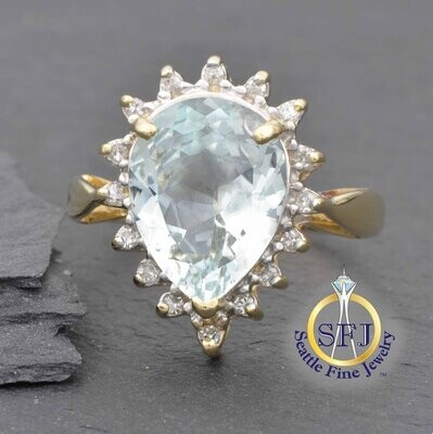 Pear Aquamarine and Diamond Halo Ring, Solid 14K Yellow Gold