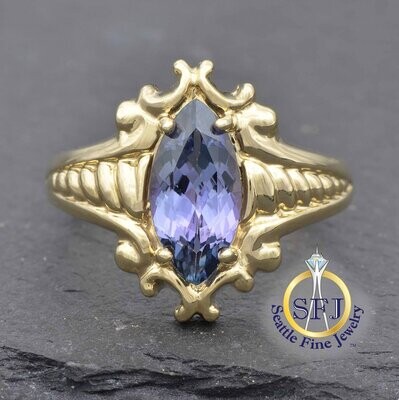 Marquise Tanzanite Filigree Solitaire Ring, Solid 14K Yellow Gold