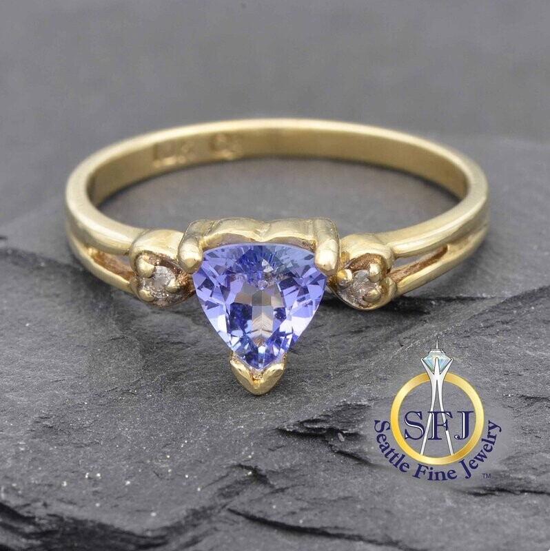 Tanzanite Trilliant Cut Heart Ring, Solid 14K Yellow Gold