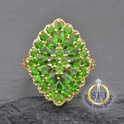 Chrome Diopside Marquise Cluster Ring, Solid 14K Yellow Gold