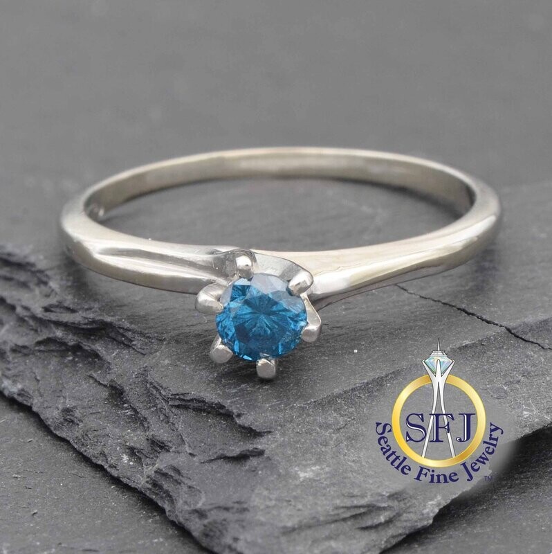 Blue Diamond Solitaire Ring, Solid 14K White Gold
