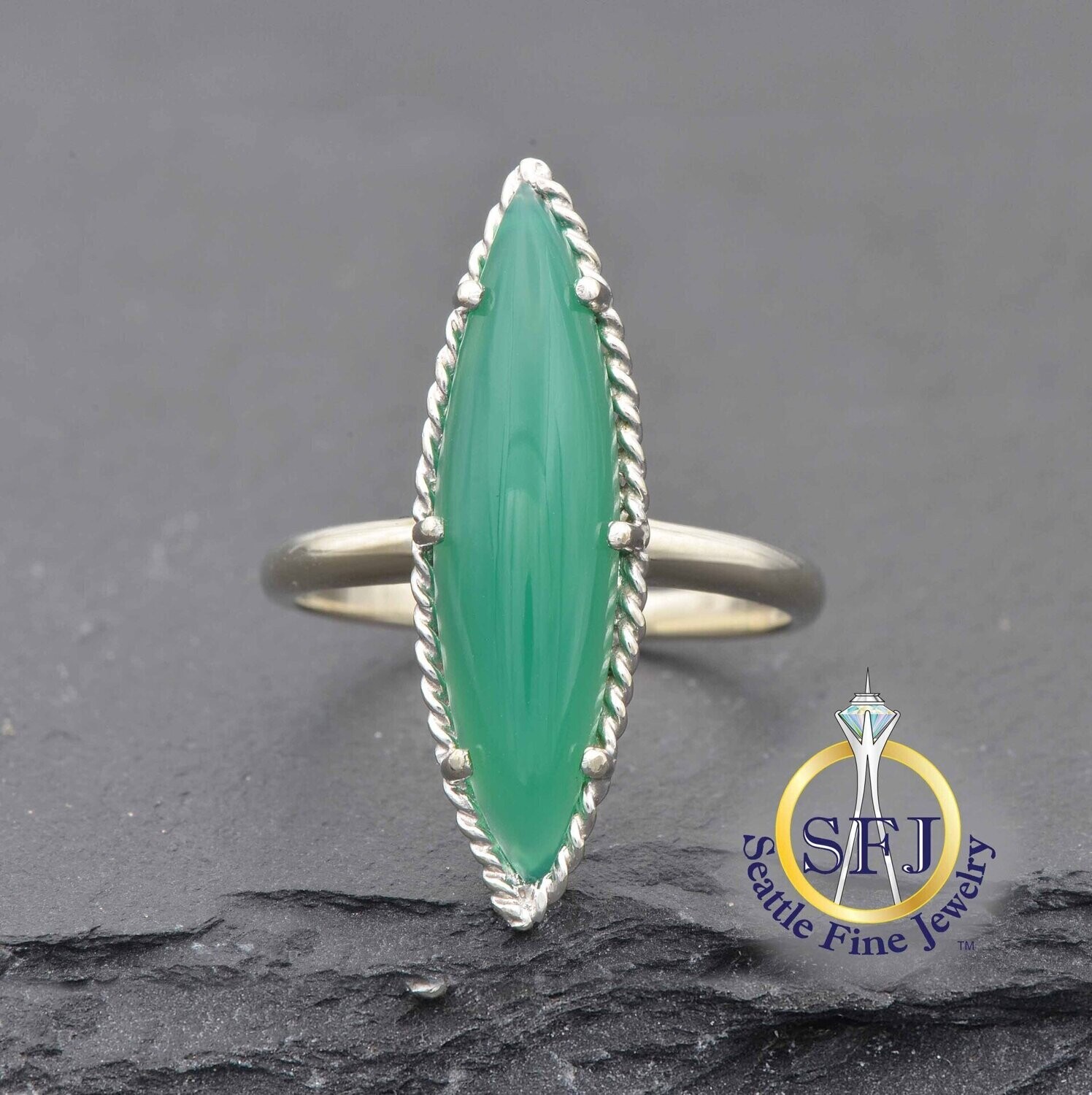 Marquise Green Chalcedony Ring, Solid 14K White Gold