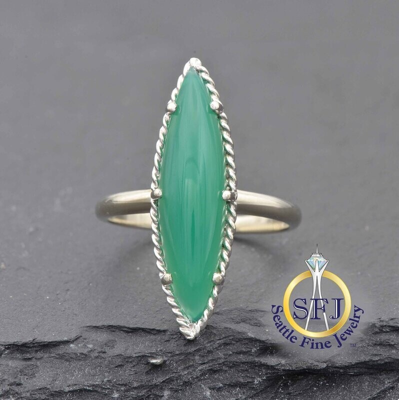 Marquise Green Chalcedony Ring, Solid 14K White Gold