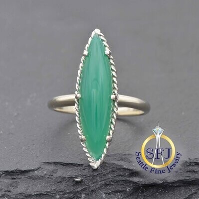 Large Marquise Green Chalcedony Ring, Solid 14K White Gold