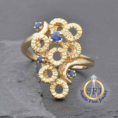 Sapphire Geometric Circles Freeform Ring, Solid 14K Yellow Gold