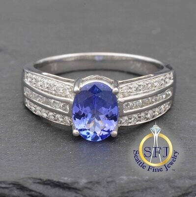 Oval Tanzanite and 3-Row Diamond Ring, Solid 14K White Gold