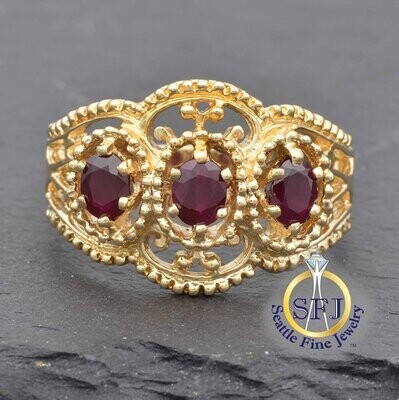Ornate Ruby 3-Stone Filigree Ring, Solid 14K Yellow Gold