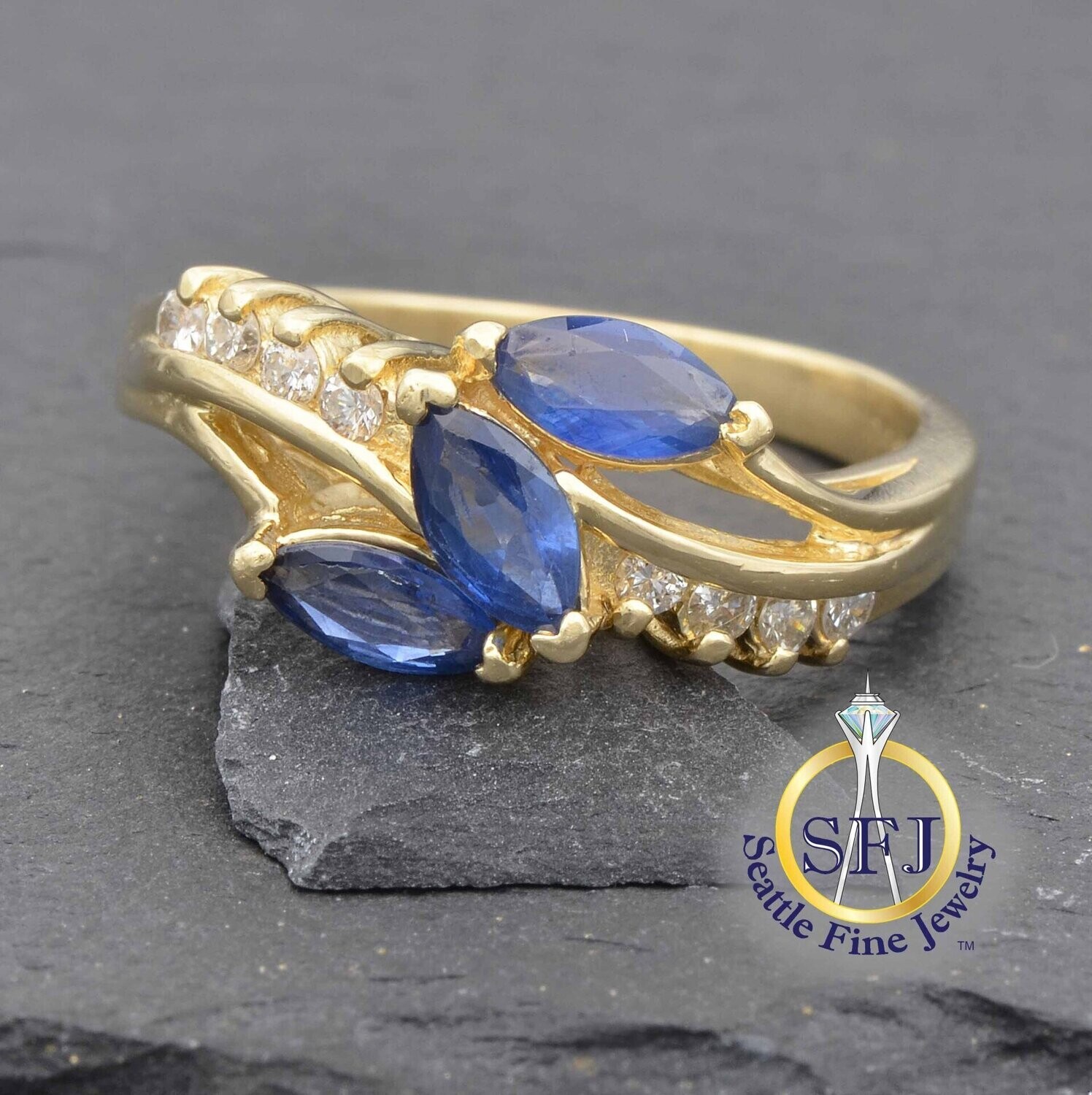 Marquise Sapphire and Diamond Cluster Ring, Solid 14K Yellow Gold