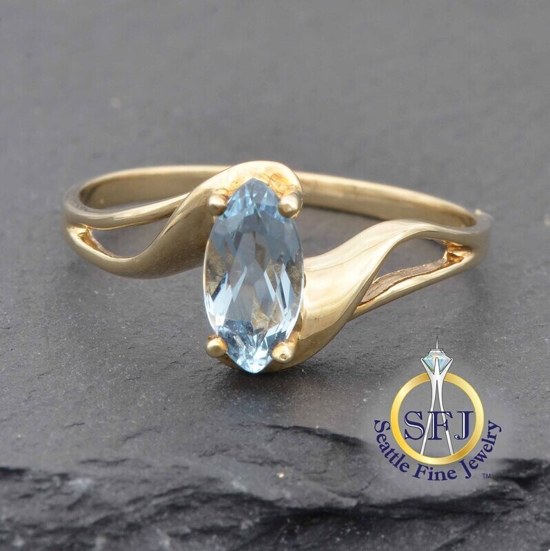 Marquise Aquamarine Solitaire Bypass Ring, Solid 10K Yellow Gold