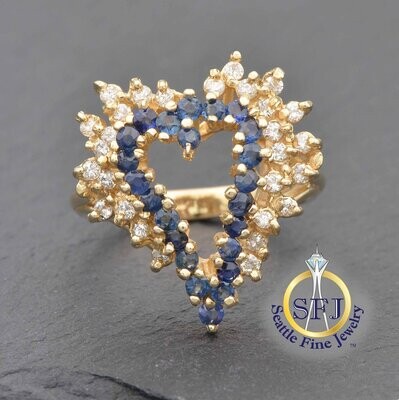 Sapphire and Diamond Heart Ring, Solid 14K Yellow Gold