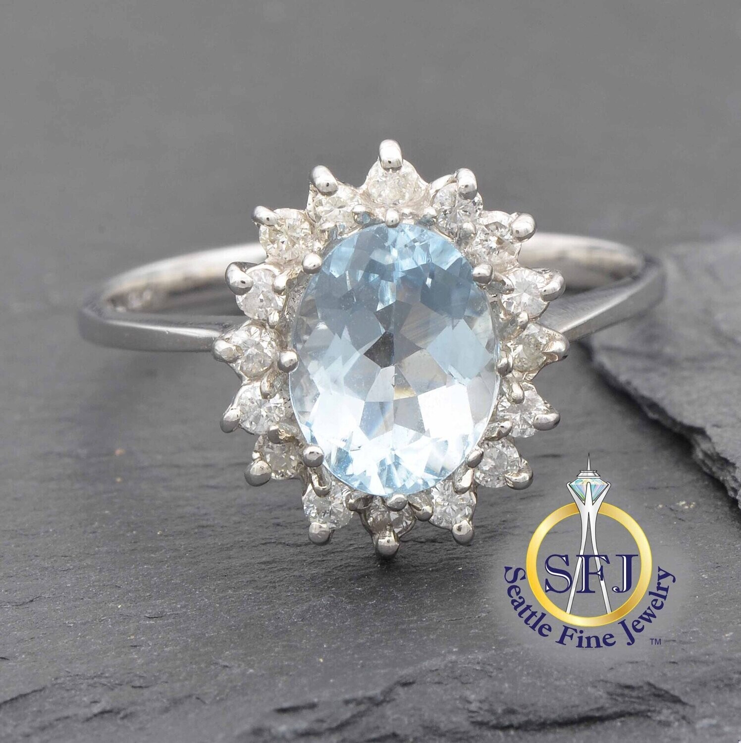 Aquamarine and Diamond Halo Ring, Solid 14K White Gold