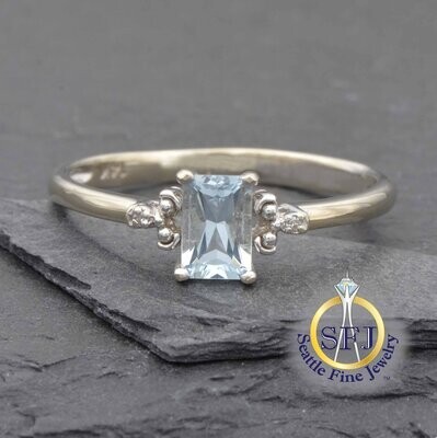 Aquamarine and Diamond Ring, Solid 14K White Gold