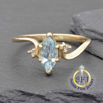 Marquise Aquamarine and Diamond Bypass Ring, Solid 14K Yellow Gold