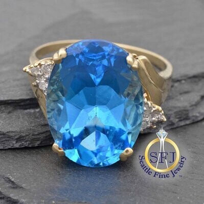 Large Blue Topaz Bypass Ring, Solid Yellow Gold
