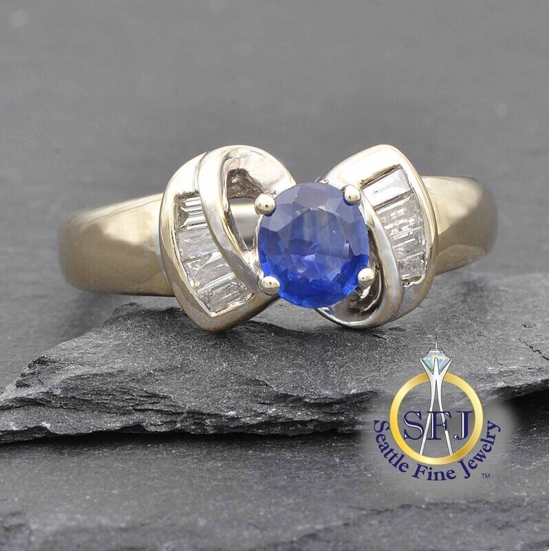 Sapphire and Diamond Bow Ring, Solid 18K White Gold