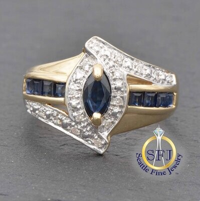 Marquise Sapphire and Diamond Halo Cigar Band Ring, Solid 14K Yellow Gold