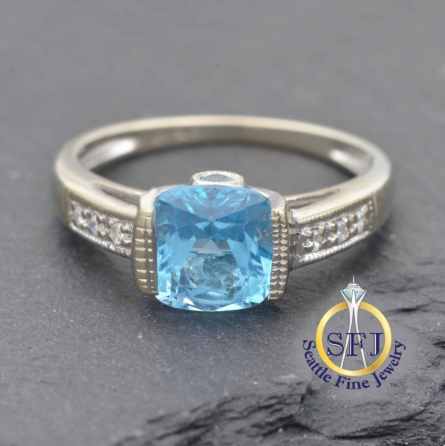 Topaz and Diamond Cathedral Ring, Solid 10K White Gold