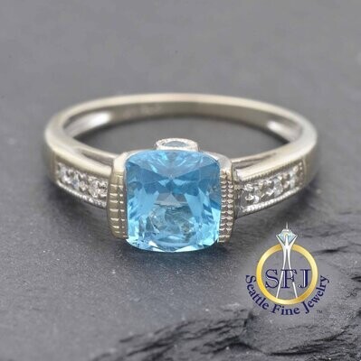 Topaz and Diamond Cathedral Ring, Solid 10K White Gold