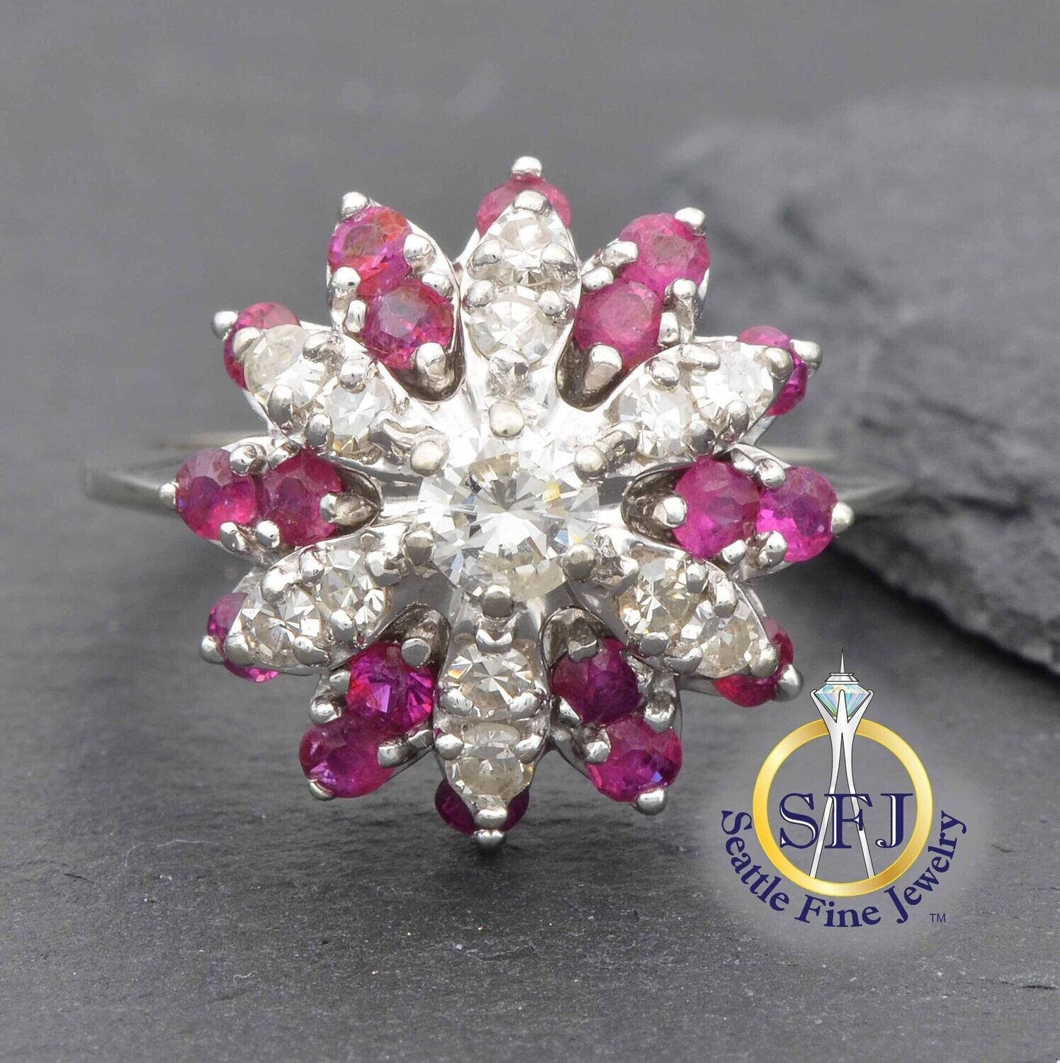 Ruby and Diamond Cluster Snowflake Ring, Solid 14K White Gold.