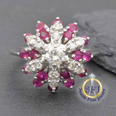 Ruby and Diamond Cluster Snowflake Ring, Solid 14K White Gold.