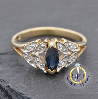 Marquise Sapphire and Diamond Botanical Leaves Ring, Solid 14K Yellow Gold
