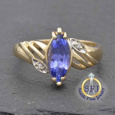 Marquise Tanzanite and Diamond Ring, Solid 14K Yellow Gold