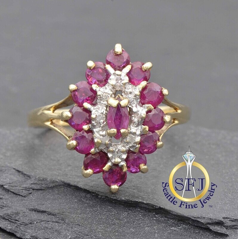 Marquise Ruby and Diamond Cluster Ring, Solid 10K Yellow Gold