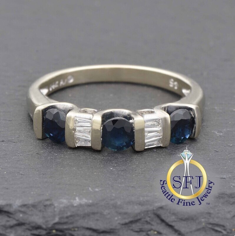 Sapphire and Diamond 5-Stone Ring, Solid 14K White Gold