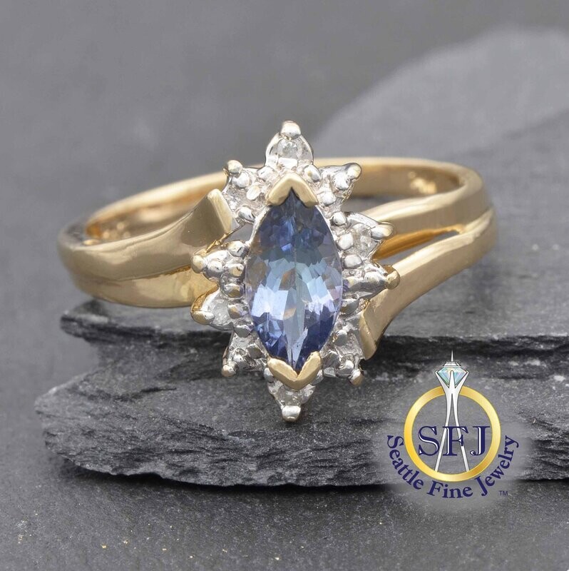 Marquise Tanzanite & Diamond Halo Ring, Solid 14K Yellow Gold