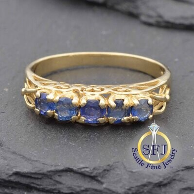 Sapphire 5-Stone Filigree Ring, Solid 14K Yellow Gold