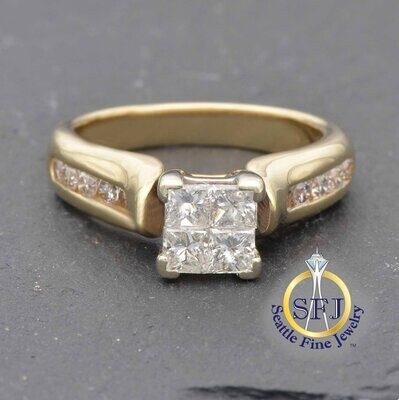 Diamond Princess Cut Ring, Solid 14K Yellow Gold