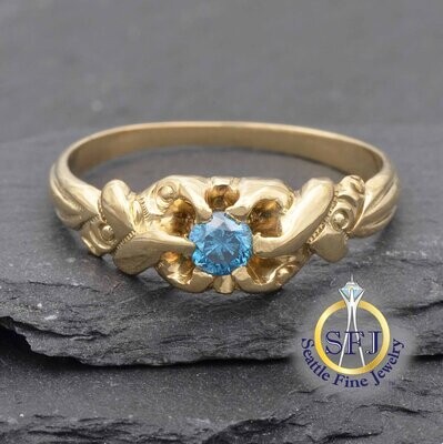 Blue Diamond Solitaire Ring, Solid 14k Yellow Gold