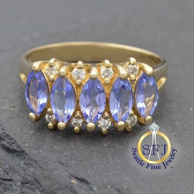 Marquise Tanzanite and Diamond Row Ring, Solid 14K Yellow Gold