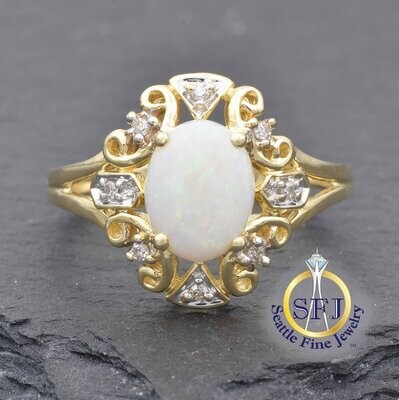Opal and Diamond Filigree Ring, Solid 14K Yellow Gold