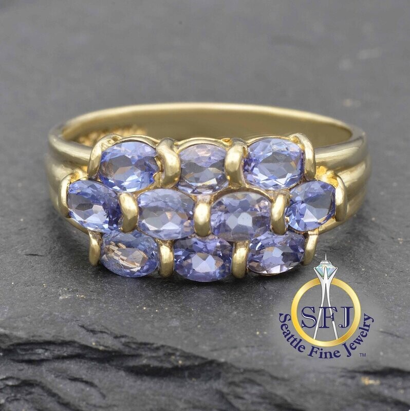 Tanzanite 3-Row Band Ring, Solid Yellow Gold