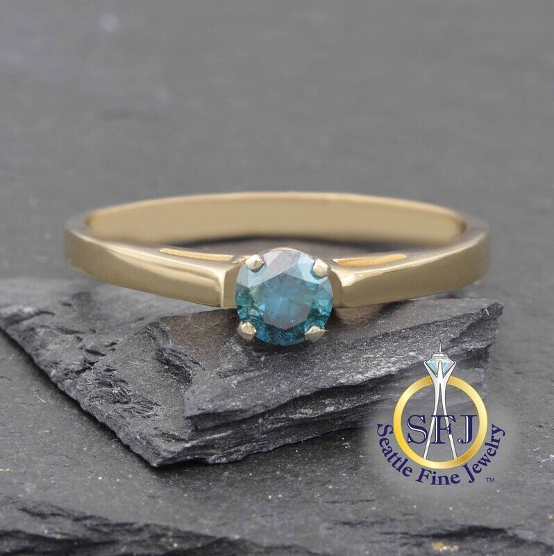 Blue Diamond Solitaire Ring, Solid 14K Yellow Gold