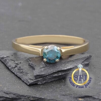 Blue Diamond Solitaire Ring 14K Solid Yellow Gold