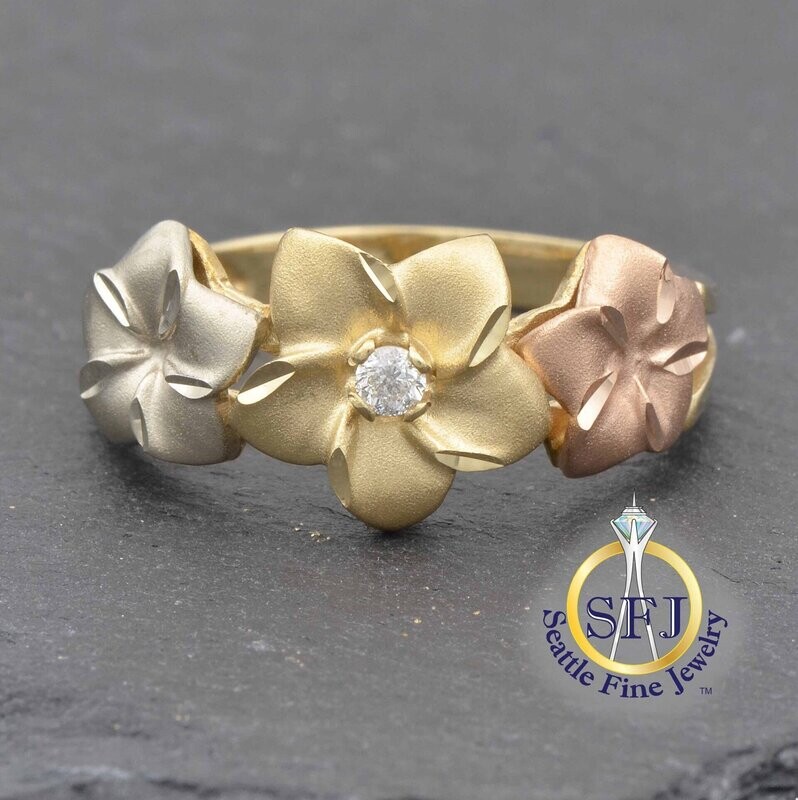 Diamond Forget-Me-Not Floral Ring, Solid 14K Yellow, White & Rose Gold