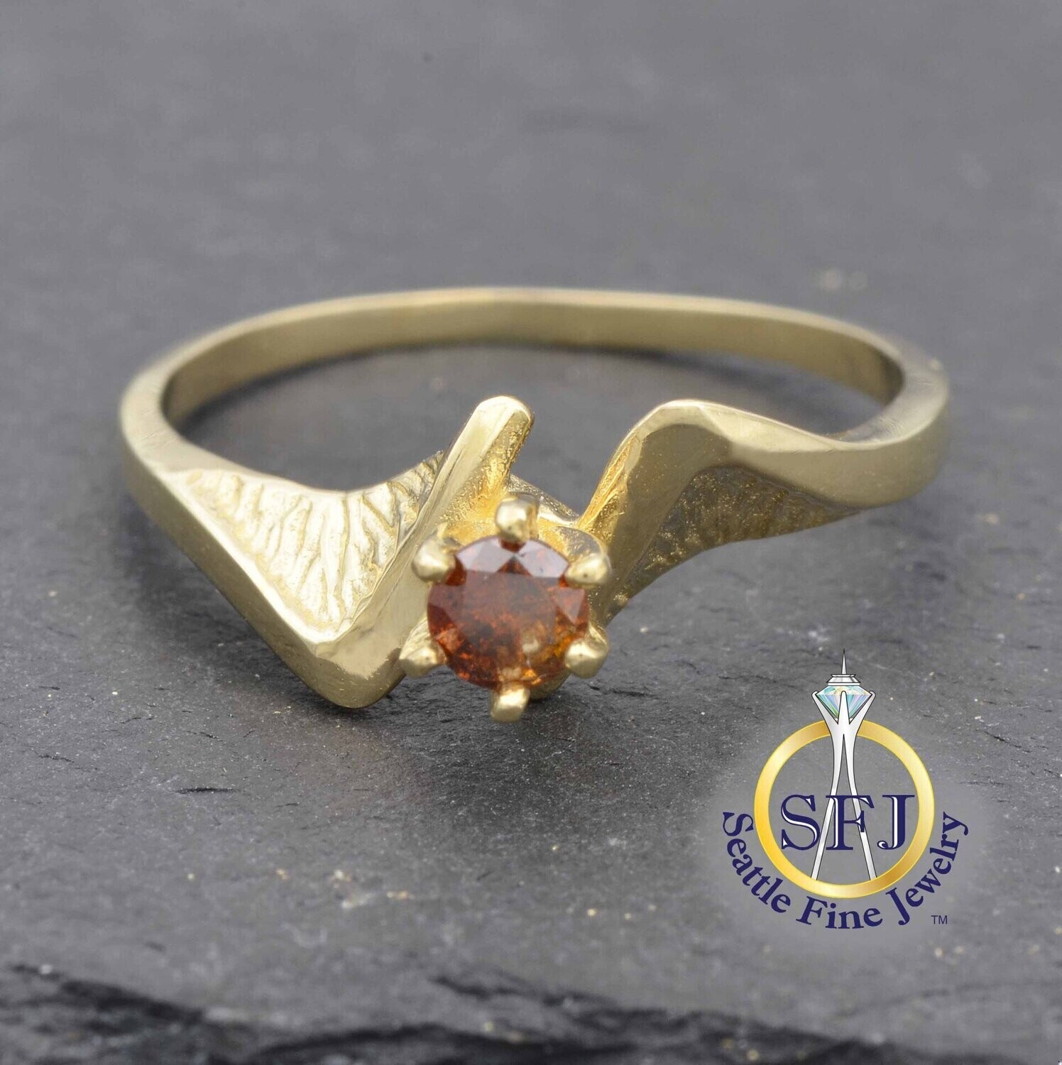 Midcentury Cognac Diamond Solitaire Ring, 14K Solid Yellow Gold