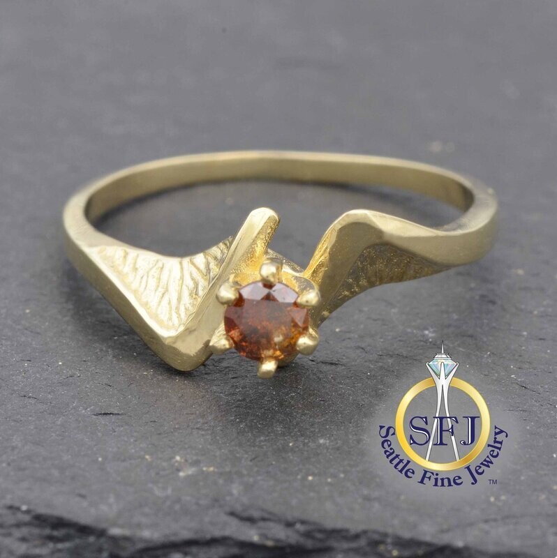 Midcentury Cognac Diamond Solitaire Ring, 14K Solid Yellow Gold