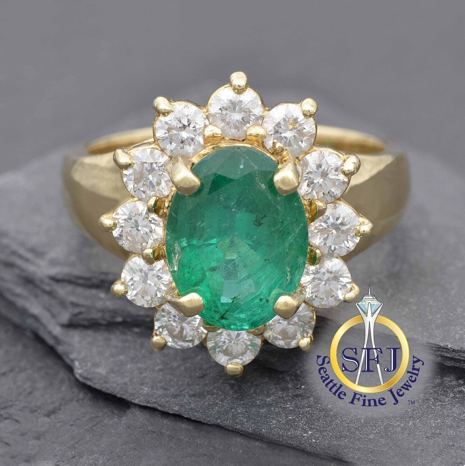 Emerald and Diamond Halo Ring 14K Solid Yellow Gold