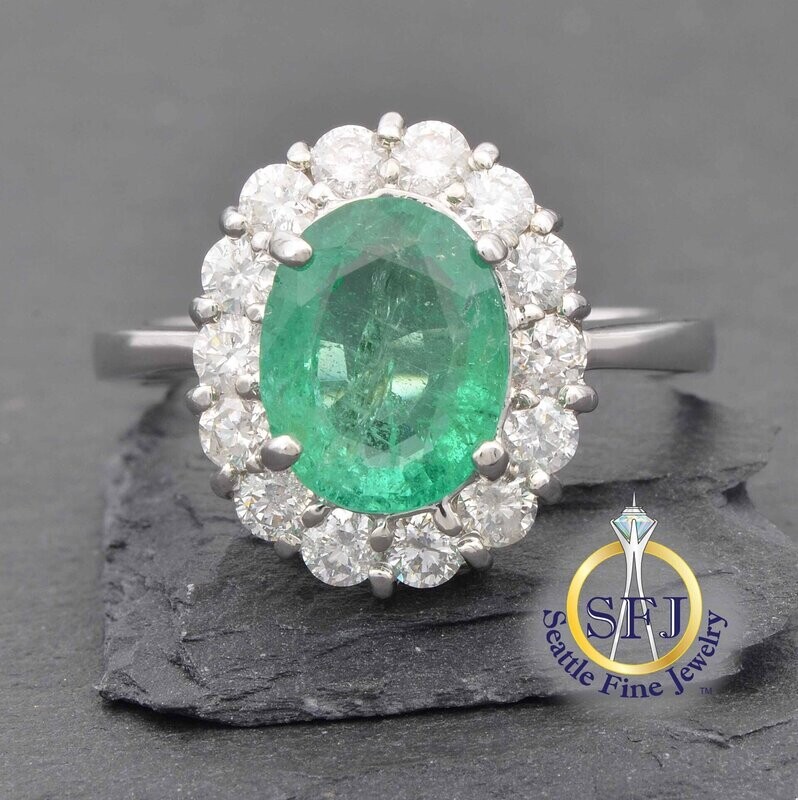 Emerald and Diamond Halo Ring, Solid 14K White Gold