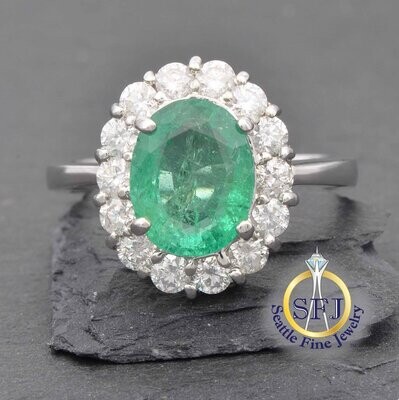 Large 2.5 Carat Emerald and Diamond Ring. Solid 14K White Gold