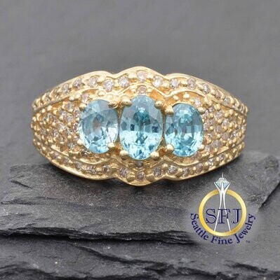 Natural Blue Zircon and Pave Diamond Cigar Band Ring, Solid 14K Yellow Gold