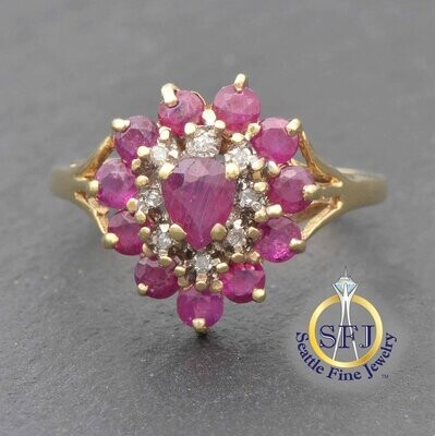 Ruby and Diamond Pear Cluster Ring, Solid Yellow Gold