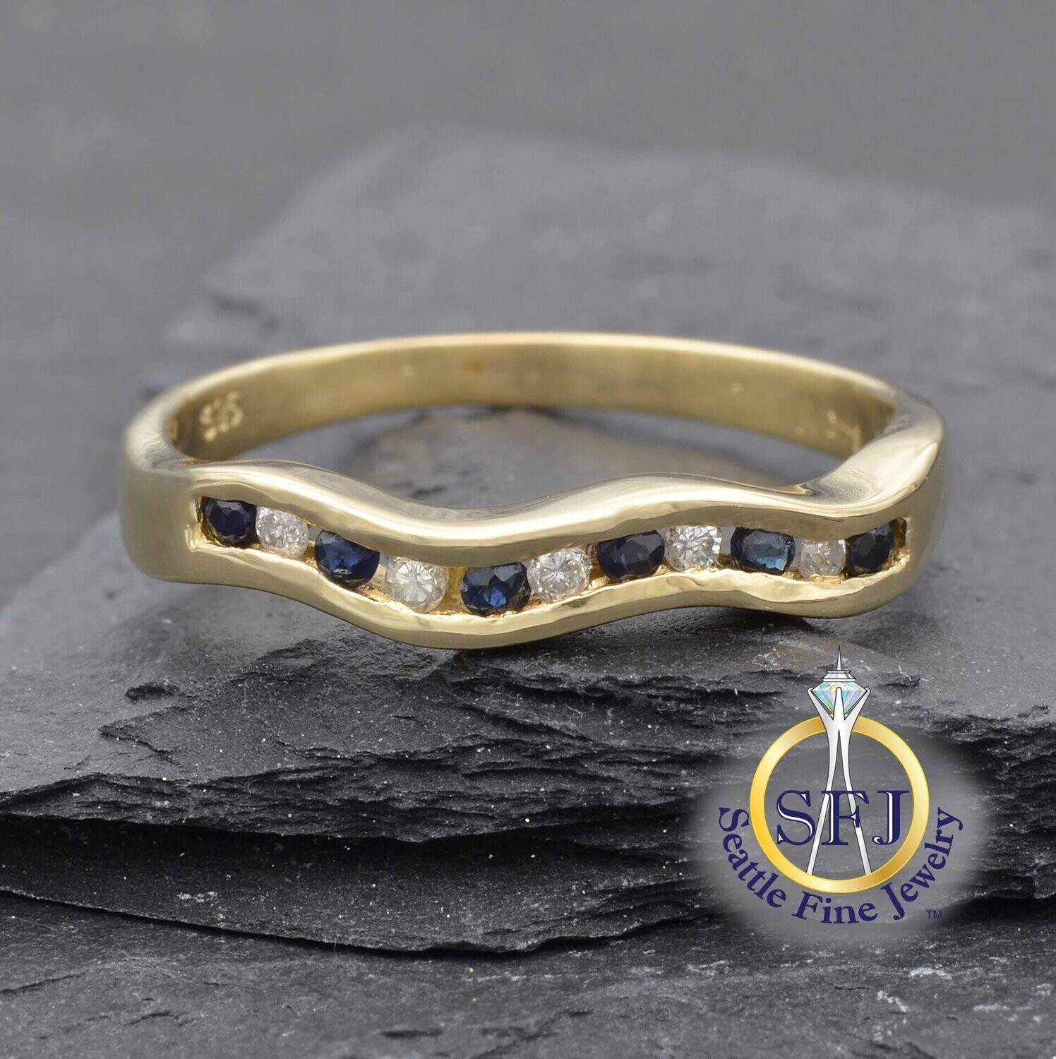 Sapphire and Diamond Wavy Band Ring, Solid 14K Yellow Gold