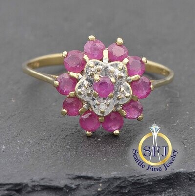 Ruby and Diamond Round Cluster Halo Ring, Solid 14K Yellow Gold