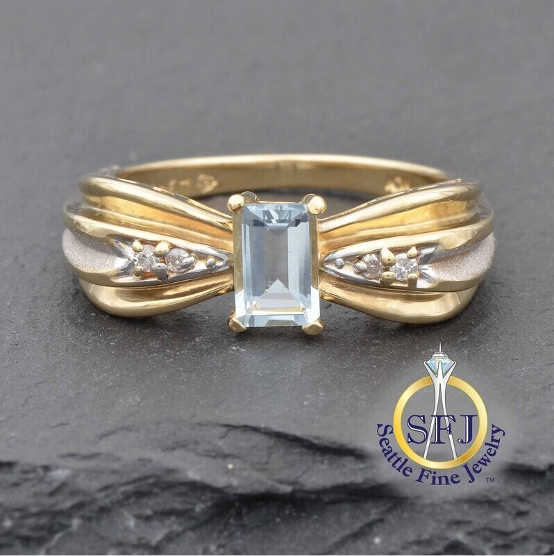 Aquamarine and Diamond Bow Ring, Solid 10K Yellow and White Gold