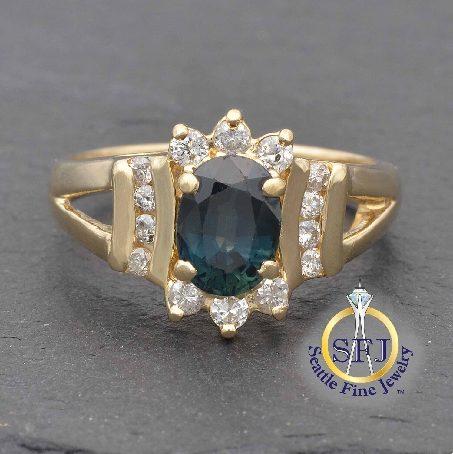 Sapphire and Diamond Halo Ring, Solid 14K Yellow Gold